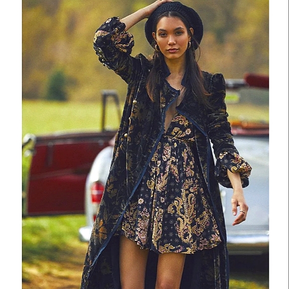 FREE People | Printed Deep V-Neck Long Blouson Sleeve Mini Dress - Picture 2 of 7